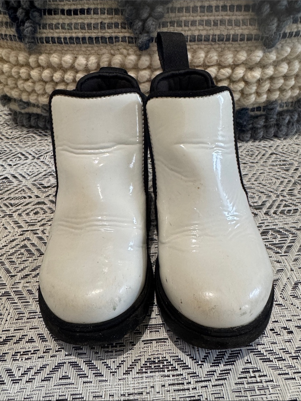Native Shoes Kids White Patent Chelsea Boots with Black Sole